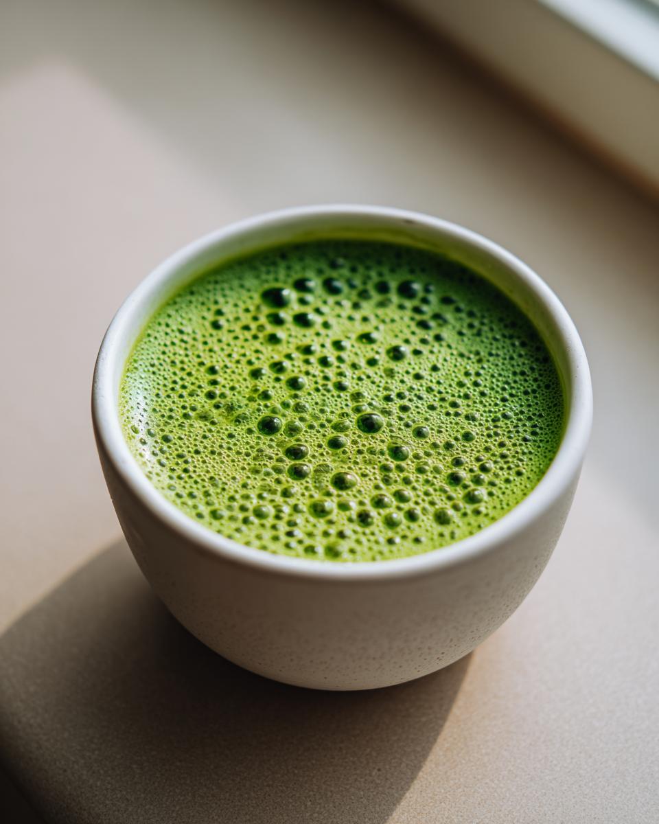 Close-up of a vibrant green, frothy liquid, likely a matcha layer for matcha chia pudding, in a small white bowl.