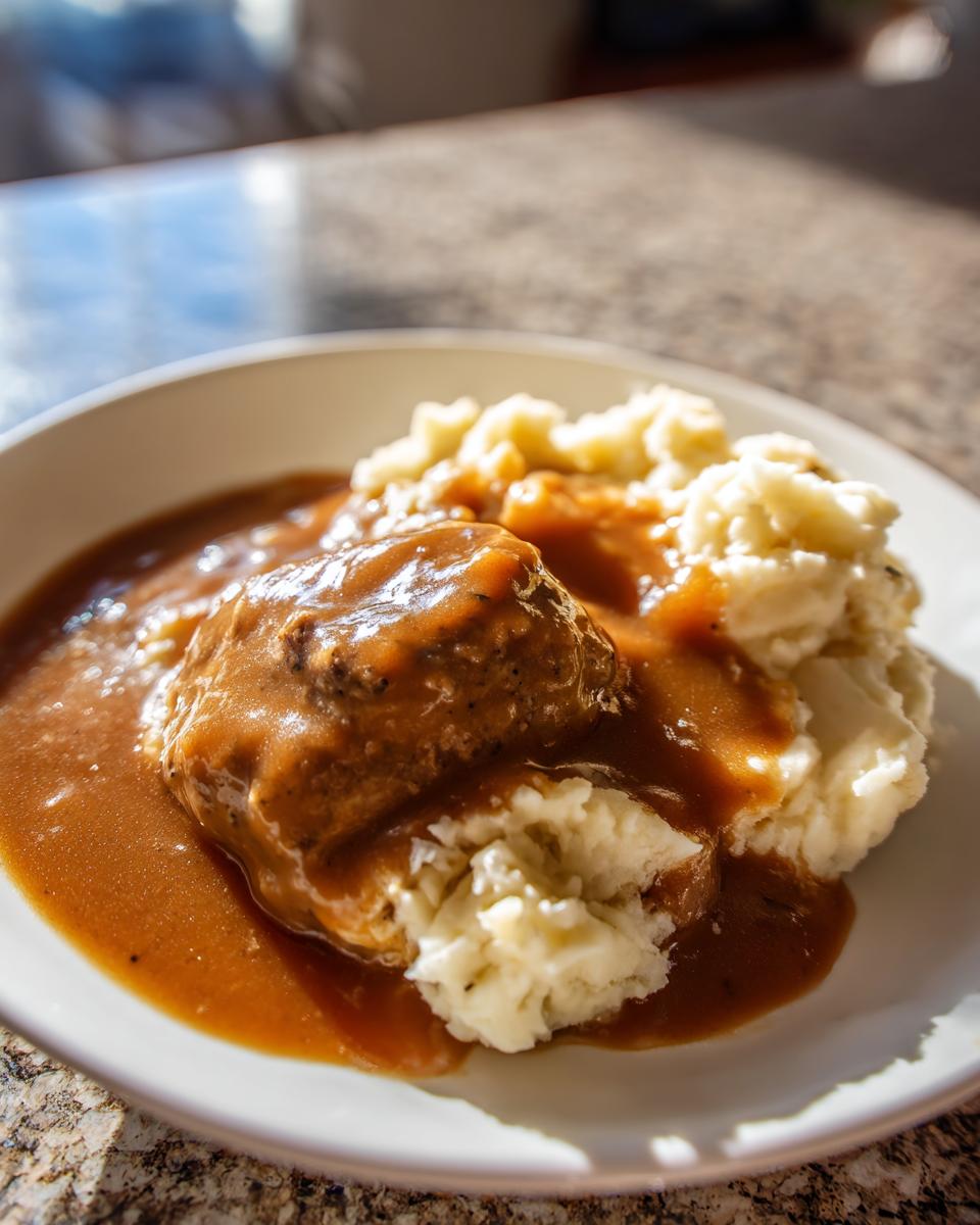 A serving of meatloaf smothered in rich homemade brown gravy alongside mashed potatoes.