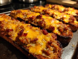 Close-up of several toasted bread slices topped with savory meat mixture and melted cheddar cheese, ready to serve as a hanky panky recipe appetizer.