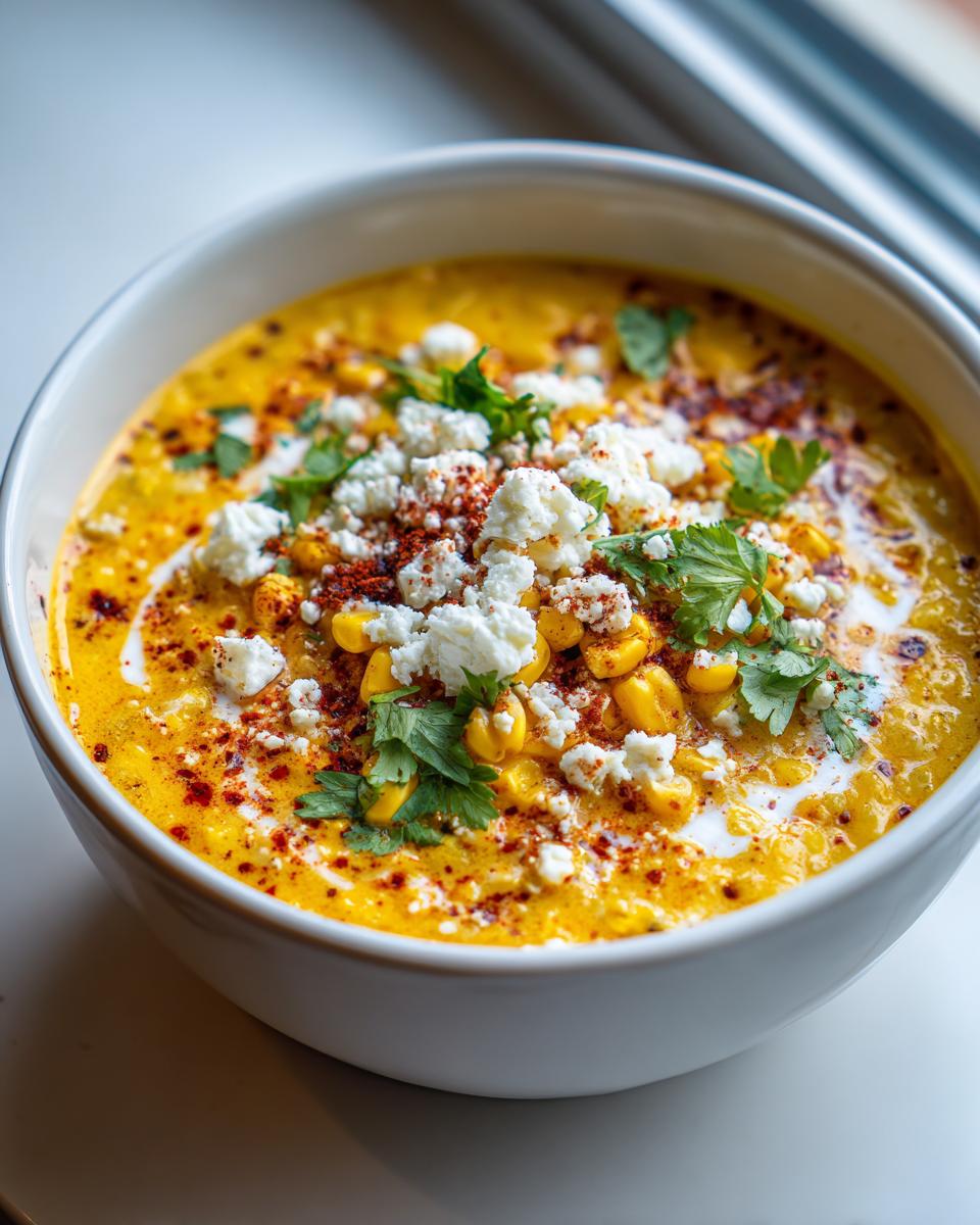 Close-up of a vibrant bowl of Mexican street corn soup, garnished with cotija cheese, chili powder, and cilantro.