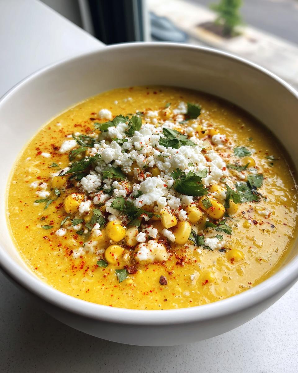 Close-up of a vibrant yellow mexican street corn soup topped generously with crumbled white cheese, corn kernels, cilantro, and chili powder.