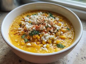 Close-up of a creamy, yellow Mexican street corn soup garnished generously with crumbled white cheese, cilantro, and chili powder.