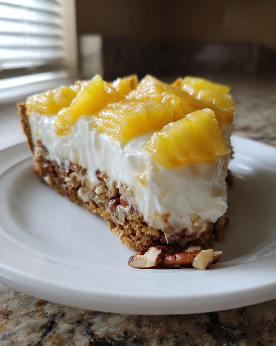 A close-up slice of Million Dollar Pie featuring a pecan crust, creamy filling, and chunks of pineapple on top.