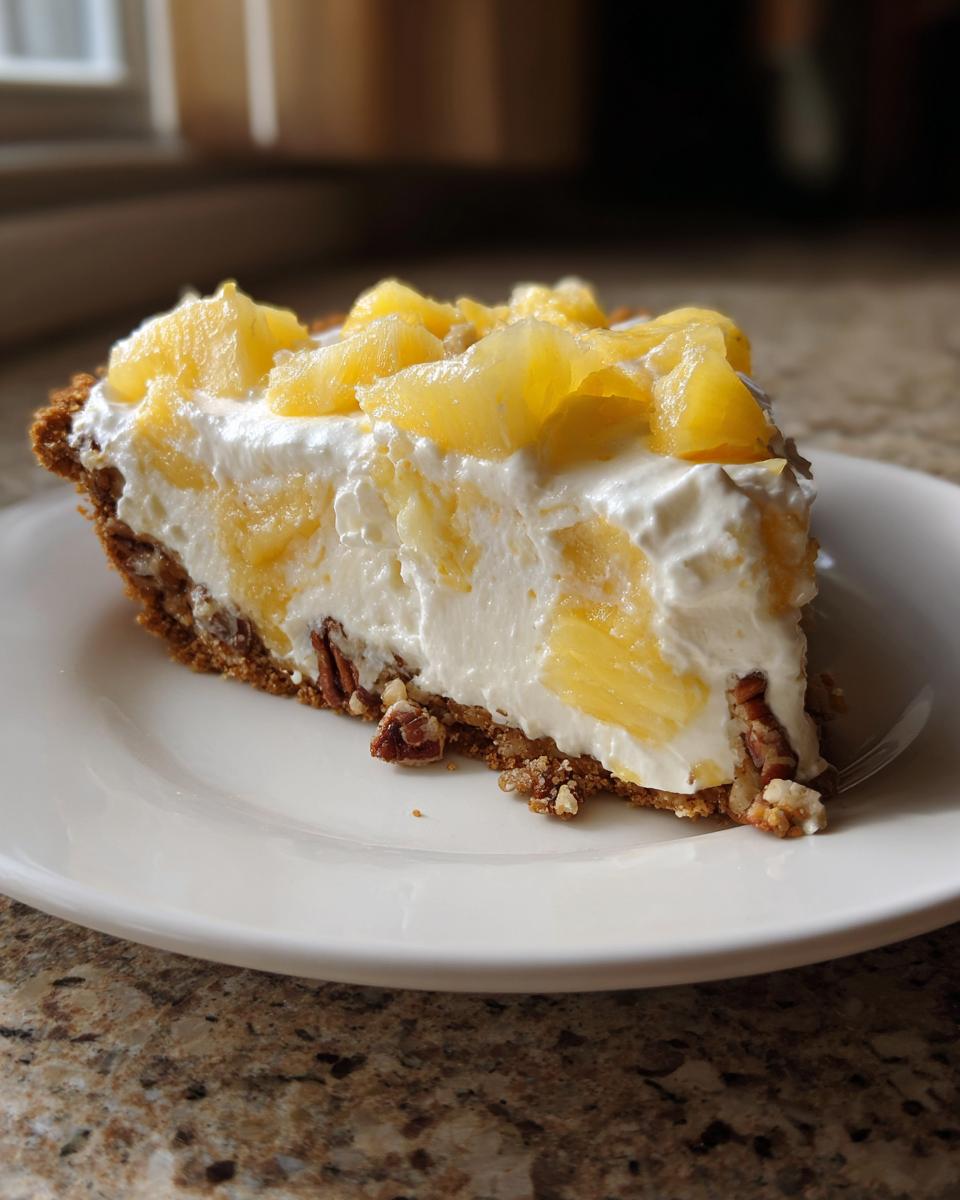 A generous slice of creamy Million Dollar Pie featuring a pecan crust, white filling, and chunks of pineapple on top.