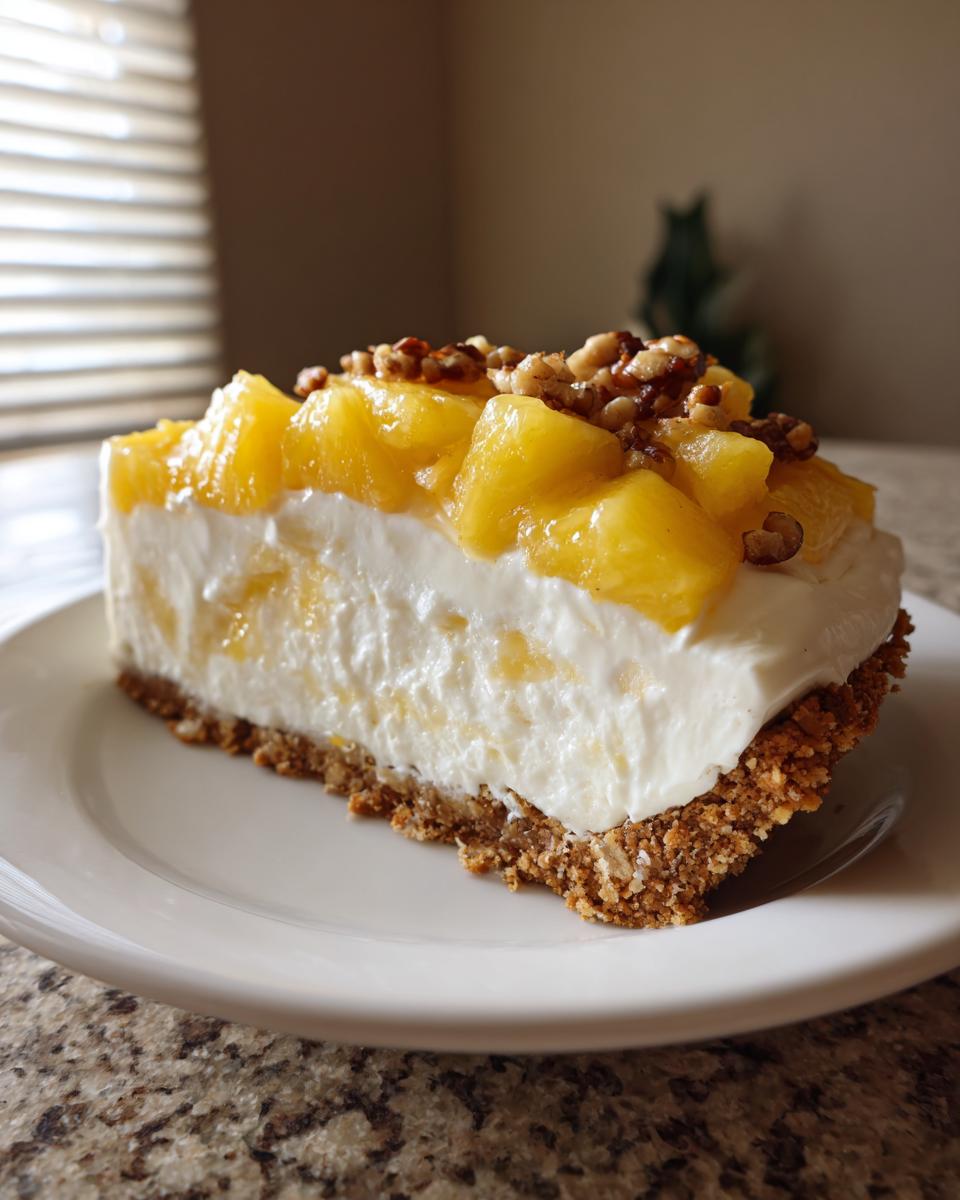 A close-up slice of rich Million Dollar Pie featuring a graham cracker crust, creamy filling, and pineapple chunks topped with pecans.