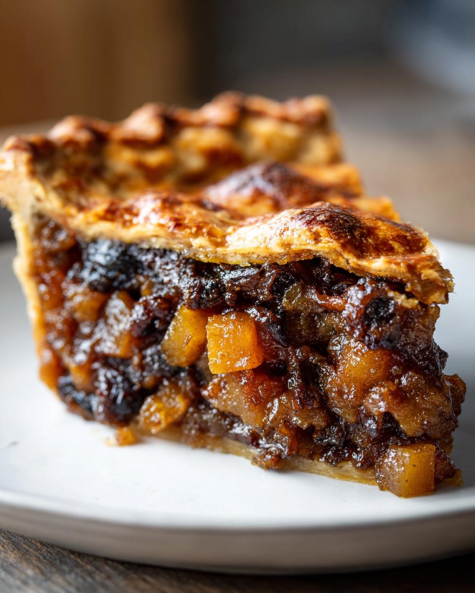 A close-up view of a thick slice of mincemeat pie showing the dark, rich fruit filling and golden, flaky pastry crust.