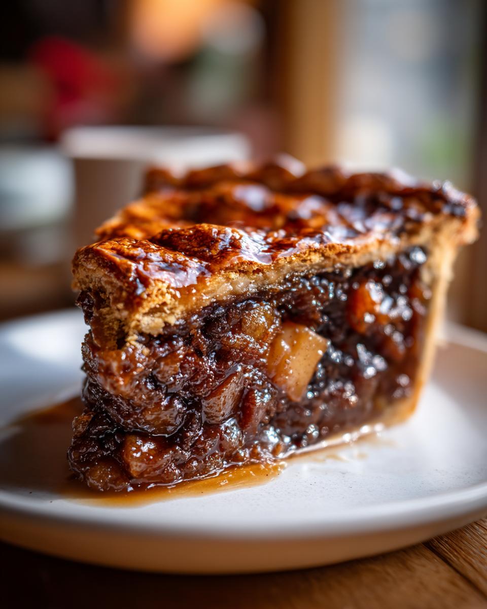 A close-up of a thick slice of mincemeat pie showing the dark, rich, glossy filling and flaky crust.