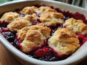 Close-up of a hot mixed berry cobbler with golden biscuit topping bubbling over dark red fruit filling in a white baking dish.