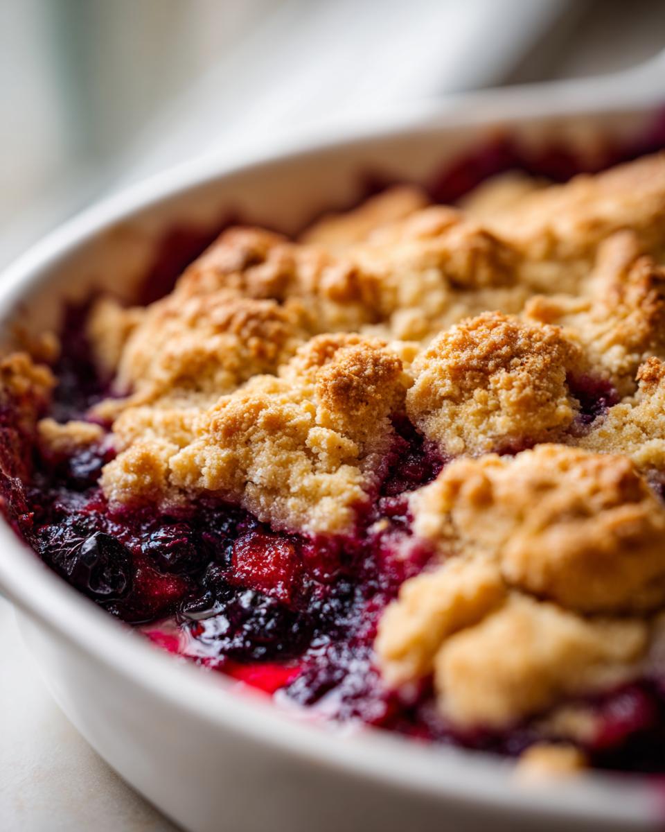 Close-up of a bubbling mixed berry cobbler with a golden, crumbly topping in a white baking dish.