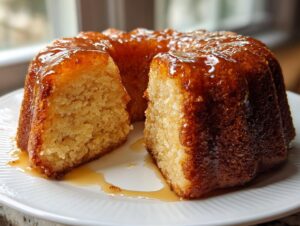 A moist, golden Bacardi rum cake, glazed heavily, with one slice cut out to show the crumb texture.