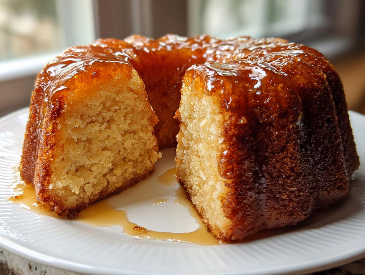 A moist, golden Bacardi rum cake, glazed heavily, with one slice cut out to show the crumb texture.