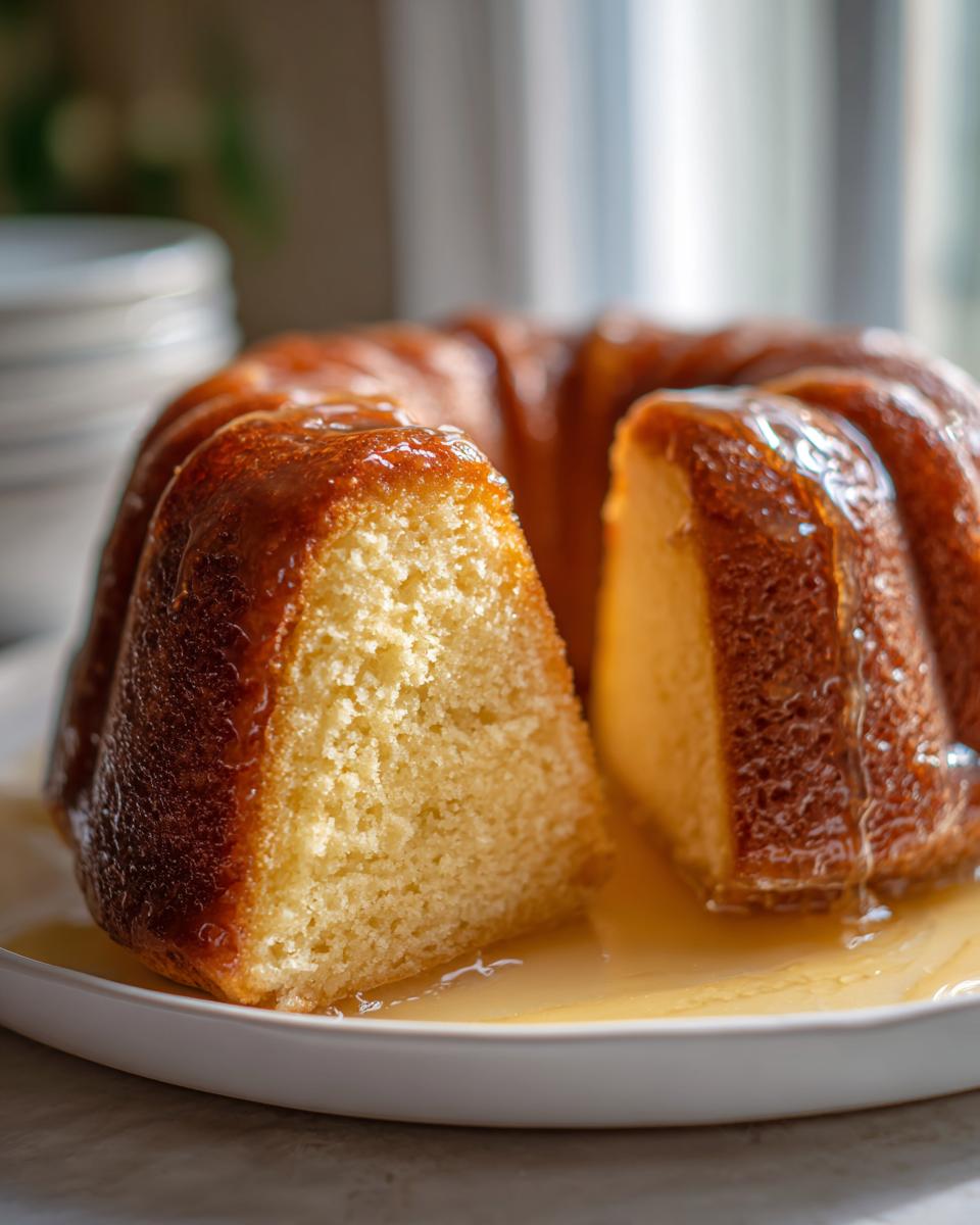 A close-up of a moist Bacardi Rum Cake in a bundt pan shape, with one slice cut out, sitting in a pool of rum glaze.