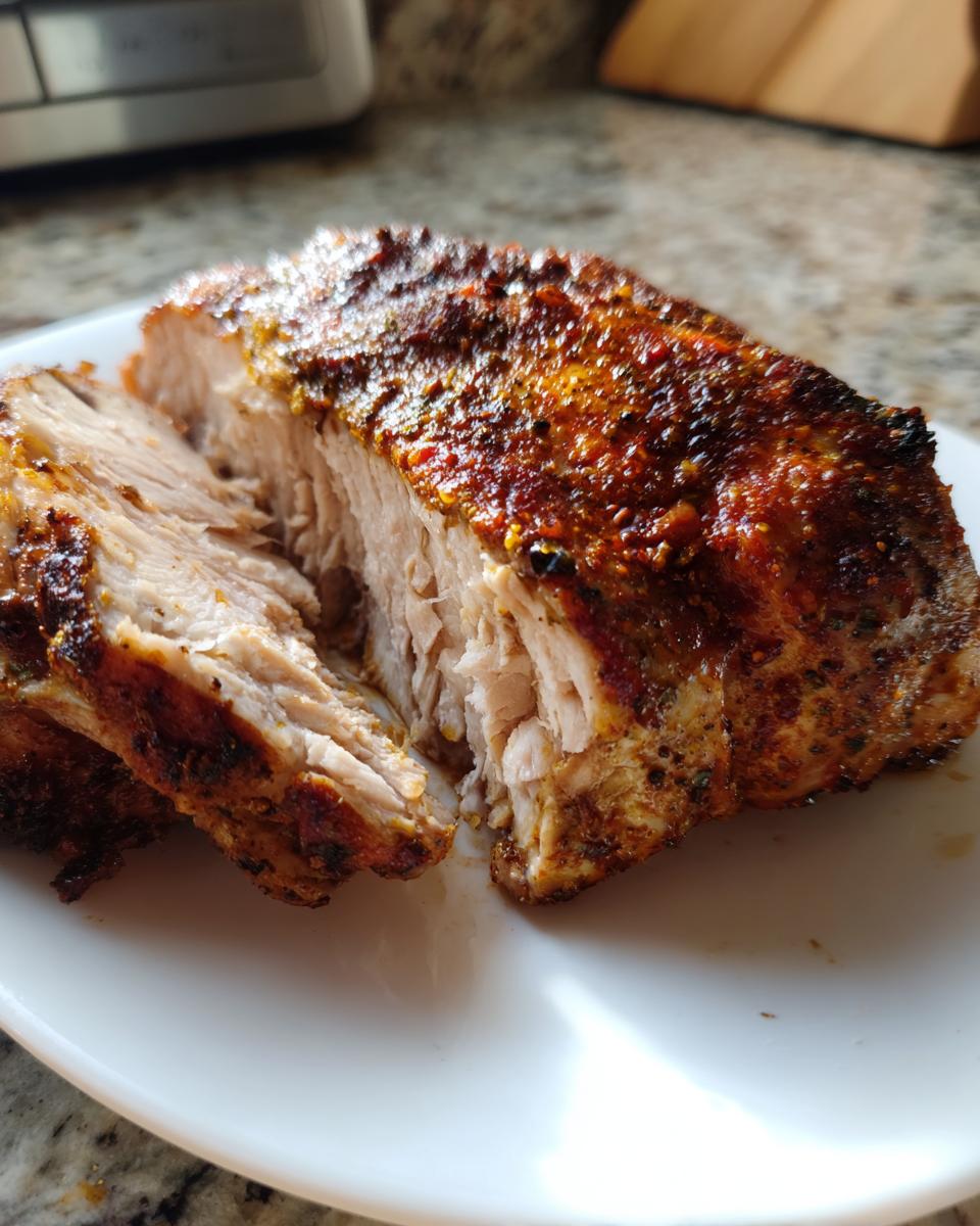 Close-up of perfectly juicy baked chicken breast, sliced to show the tender interior and seasoned crust.