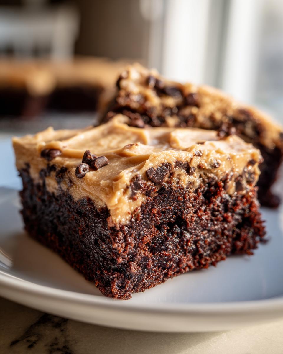 Close-up of a rich, dark chocolate banana bread brownies square topped with peanut butter frosting and mini chocolate chips.