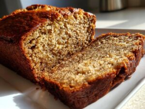 Close-up of a moist banana bread loaf sliced open, showing the rich, textured crumb and dark golden crust.