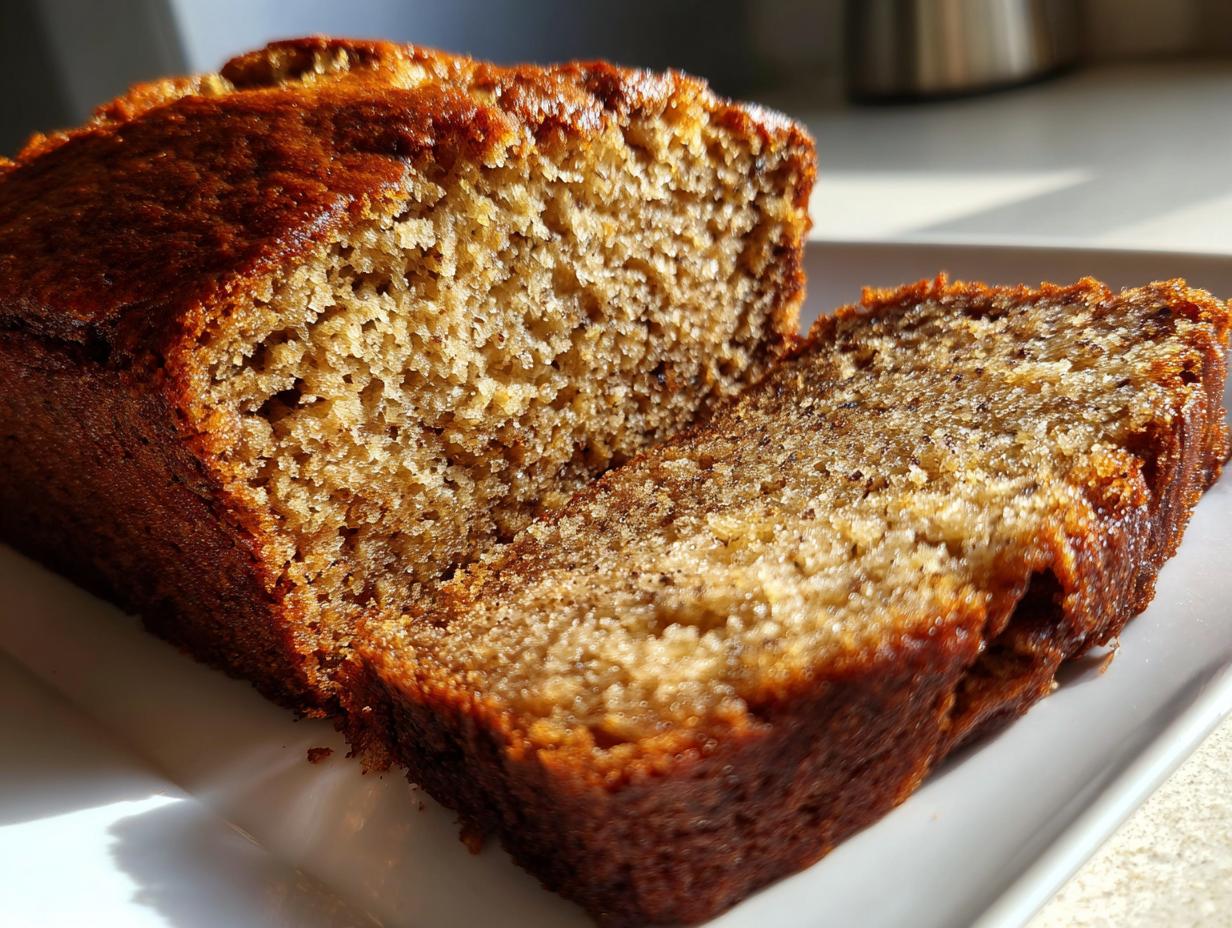 Close-up of a moist banana bread loaf sliced open, showing the rich, textured crumb and dark golden crust.