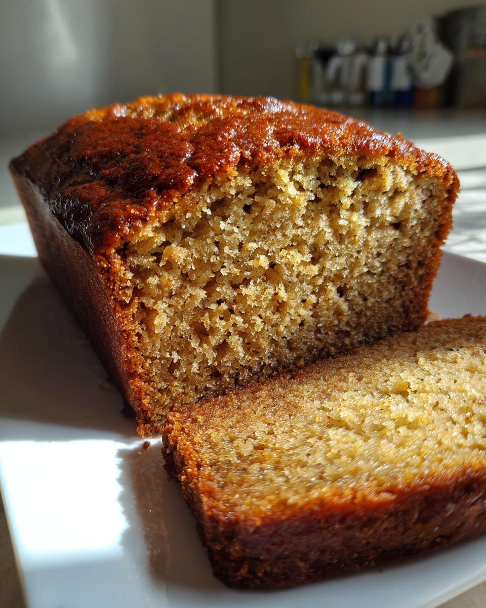 A close-up of a moist banana bread loaf, showing the crumb texture and a slice cut from the end.
