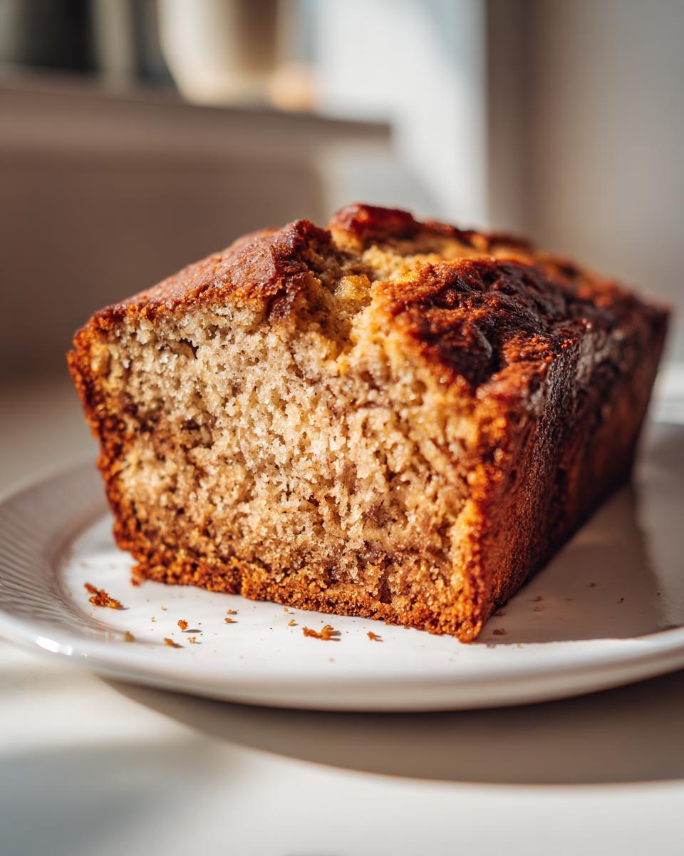 Close-up of a golden-brown slice of moist banana bread resting on a white plate.