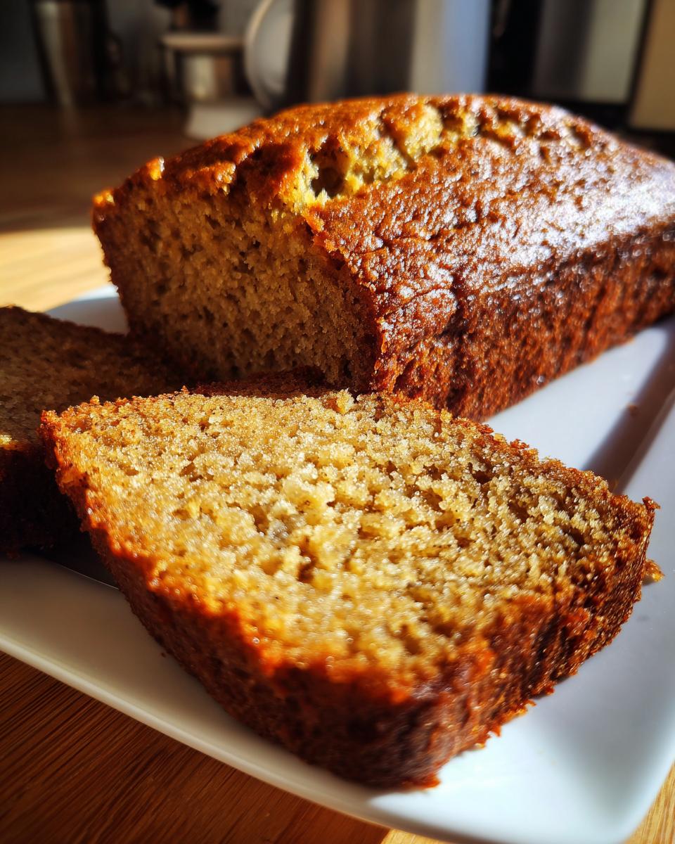 Close-up of a freshly baked loaf of moist banana bread, with two slices cut and resting on a white plate.