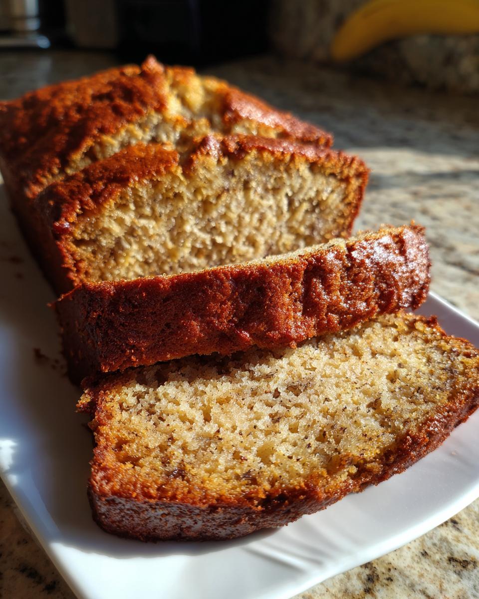 Close-up of moist banana bread loaf, sliced and showing its rich, golden-brown crumb texture.