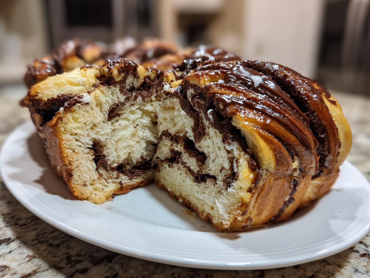 A close-up of a rich, swirled chocolate babka cut in half, showing the soft interior and glossy chocolate topping.