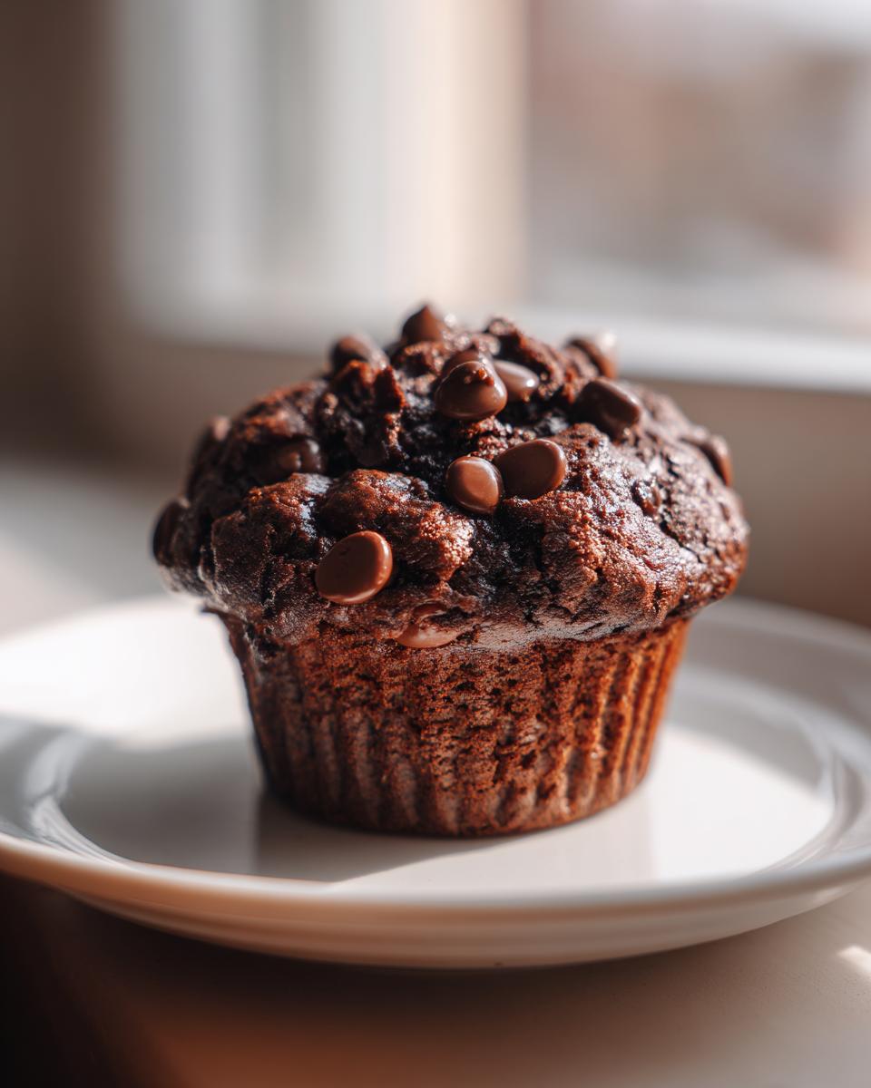 A single, rich chocolate zucchini muffin topped generously with melted chocolate chips, sitting on a white plate.