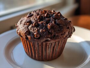 A close-up of a rich, dark chocolate zucchini muffin topped generously with melted chocolate chips, sitting on a white plate.