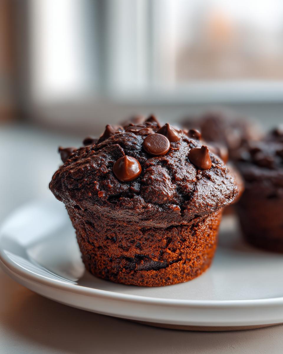 Close-up of a rich, dark chocolate zucchini muffins topped with melted chocolate chips on a white plate.