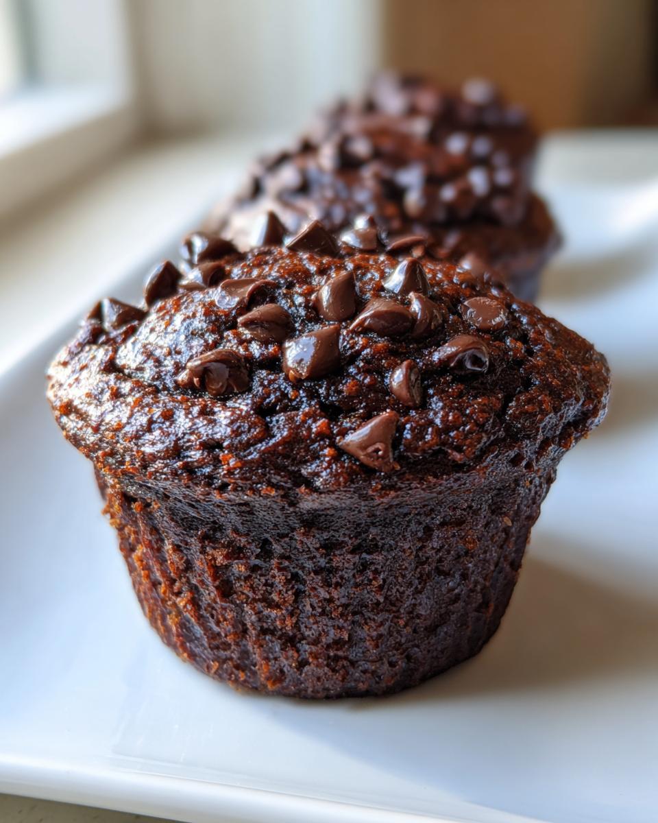 Close-up of a rich, dark chocolate zucchini muffin topped generously with melted chocolate chips.