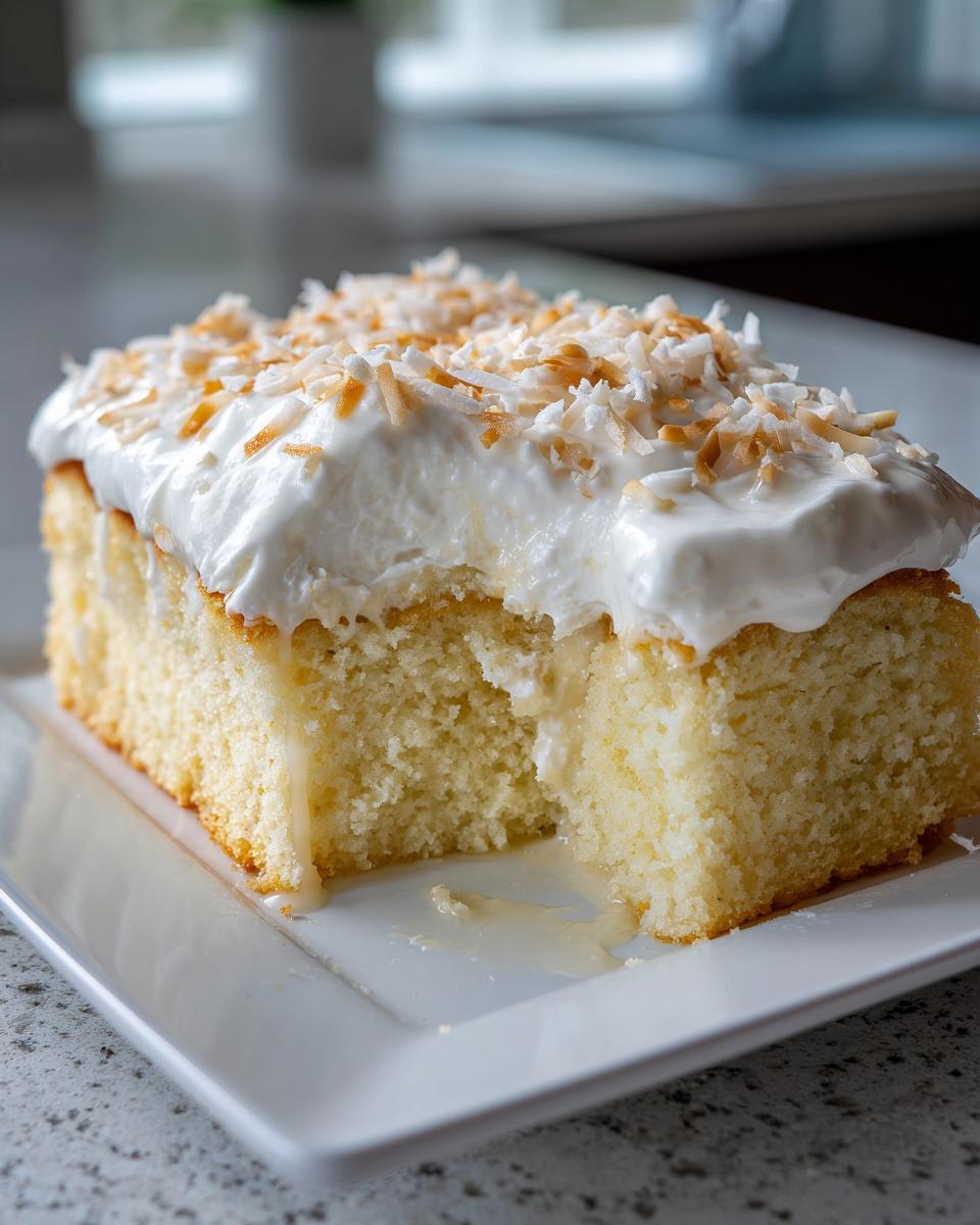 A close-up of a slice of moist coconut poke cake topped with whipped cream and toasted coconut flakes.