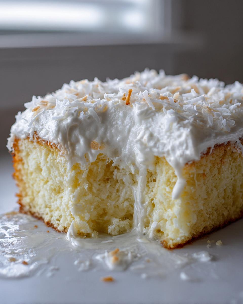 Close-up of a moist slice of coconut poke cake with white frosting and toasted coconut flakes.