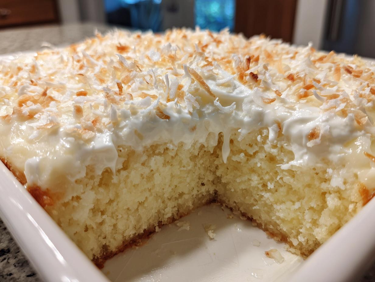 A close-up view of a moist slice cut from a coconut poke cake topped with white frosting and toasted coconut flakes.