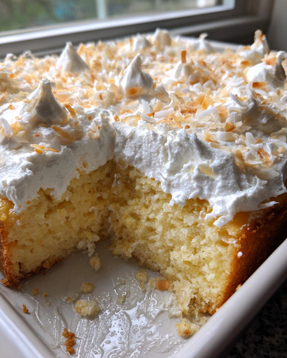 A slice removed from a coconut poke cake showing the moist interior, topped with whipped cream and toasted coconut flakes.