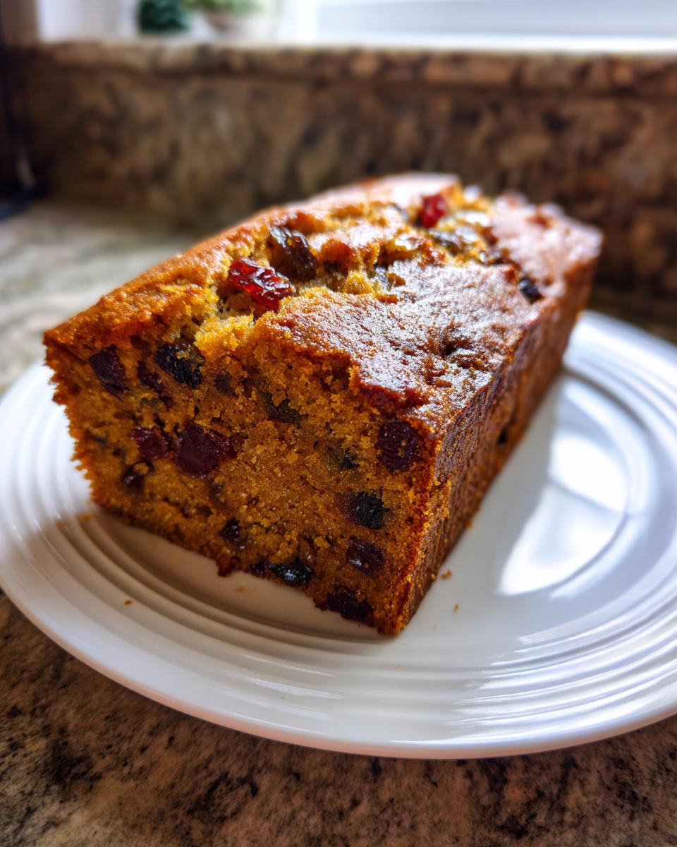 A close-up of a moist, golden brown fruit cake loaf studded with dried cranberries and raisins, resting on a white plate.