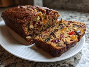 Close-up of a moist fruit cake loaf, sliced to show candied fruits and nuts inside.