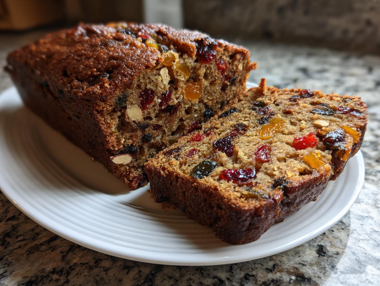 Close-up of a moist fruit cake loaf, sliced to show candied fruits and nuts inside.