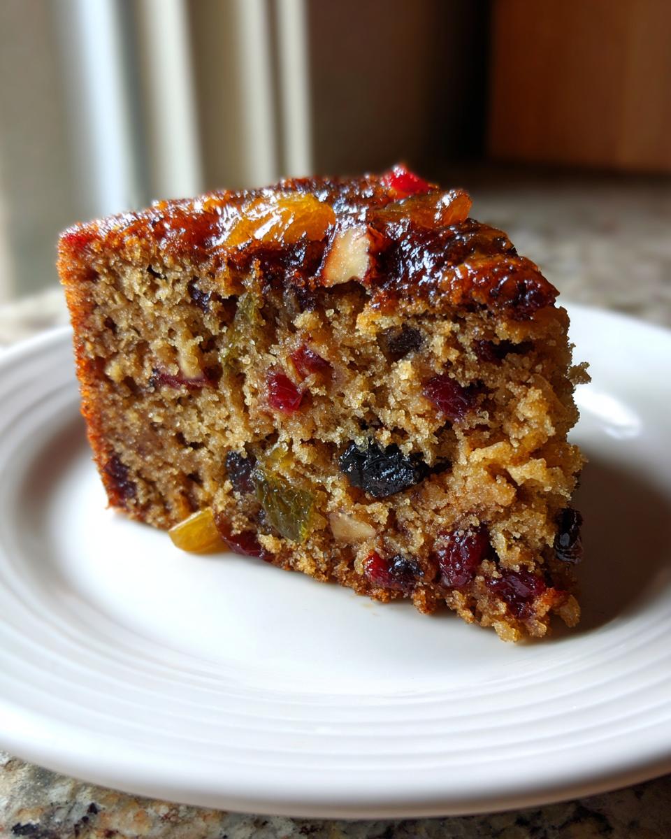 Close-up of a moist slice of fruit cake showing rich texture and visible dried and candied fruits.