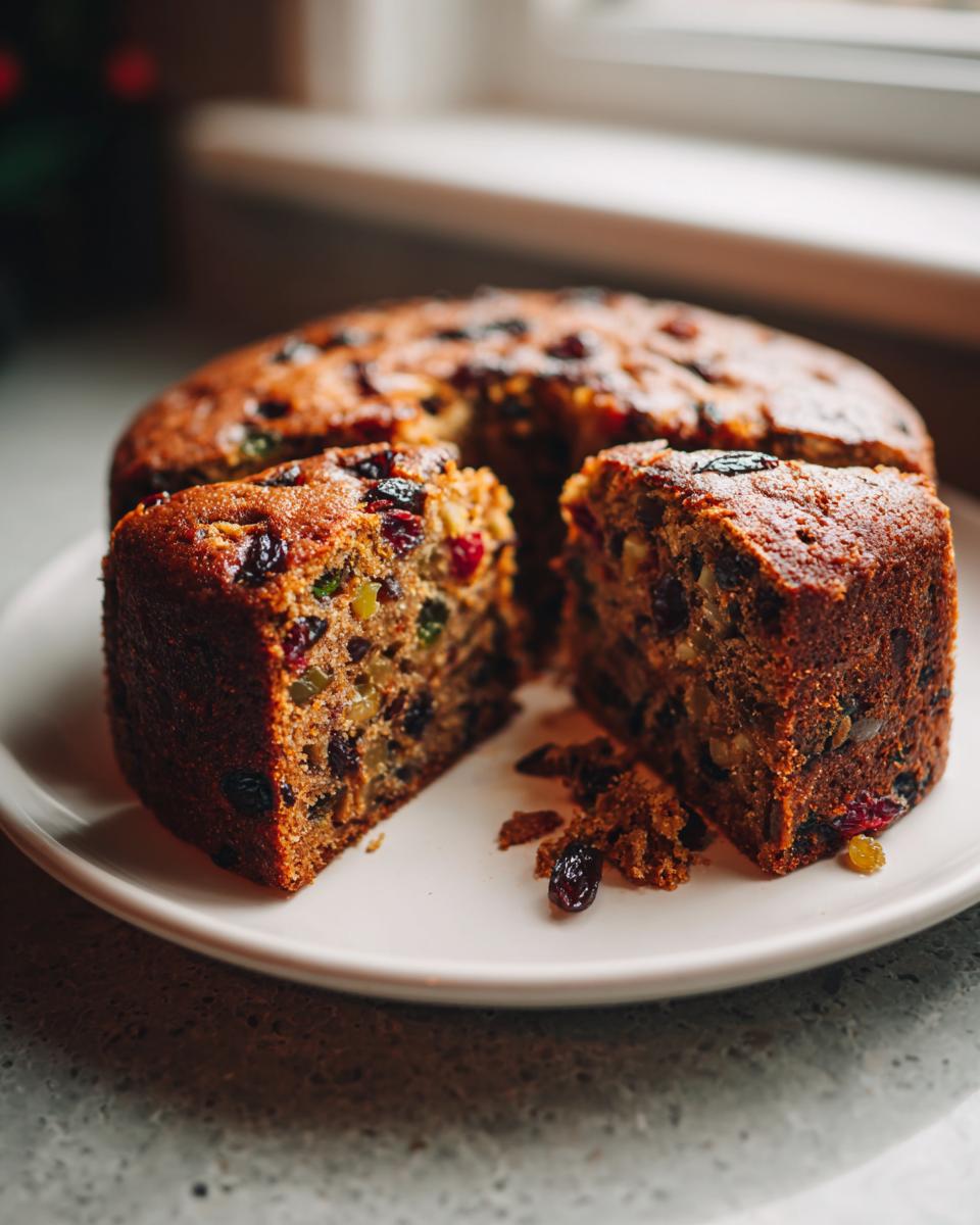 Two thick slices of moist fruit cake cut from a whole cake, showing rich dried fruit and nuts inside.