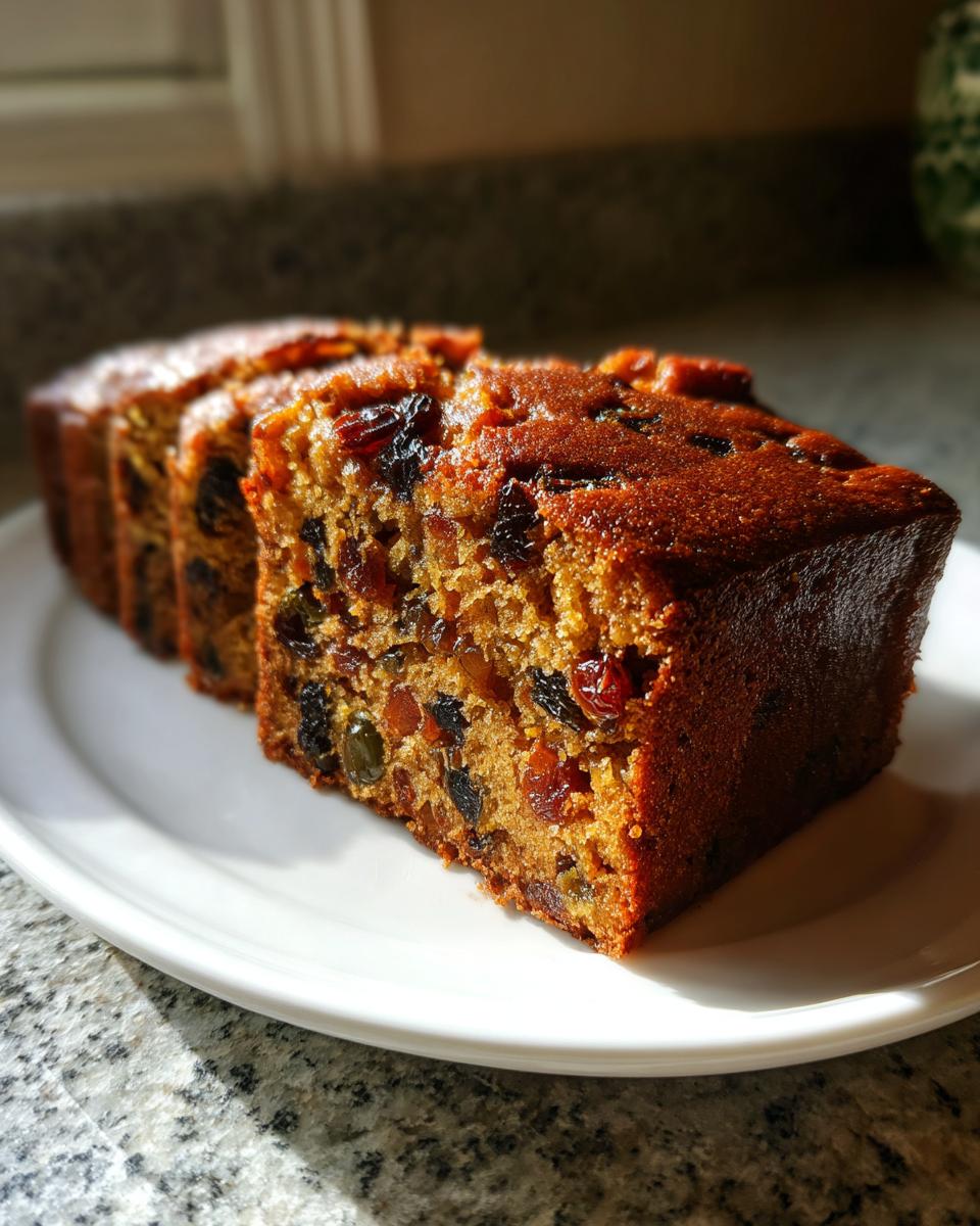Close-up of several moist slices of homemade fruit cake displayed on a white plate, rich with dried fruits.