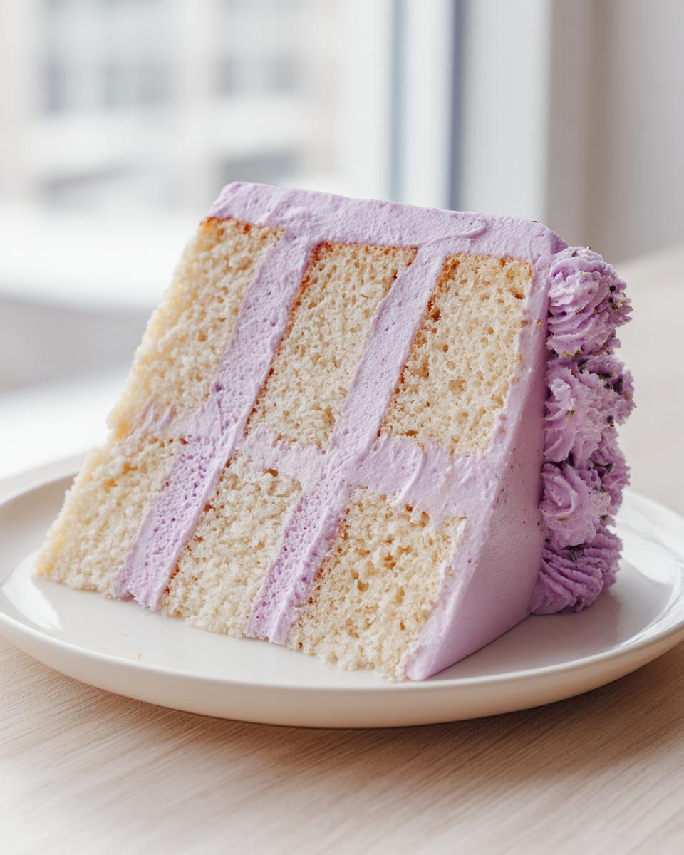 A tall slice of moist lavender cake with three layers of light sponge and purple lavender buttercream frosting.