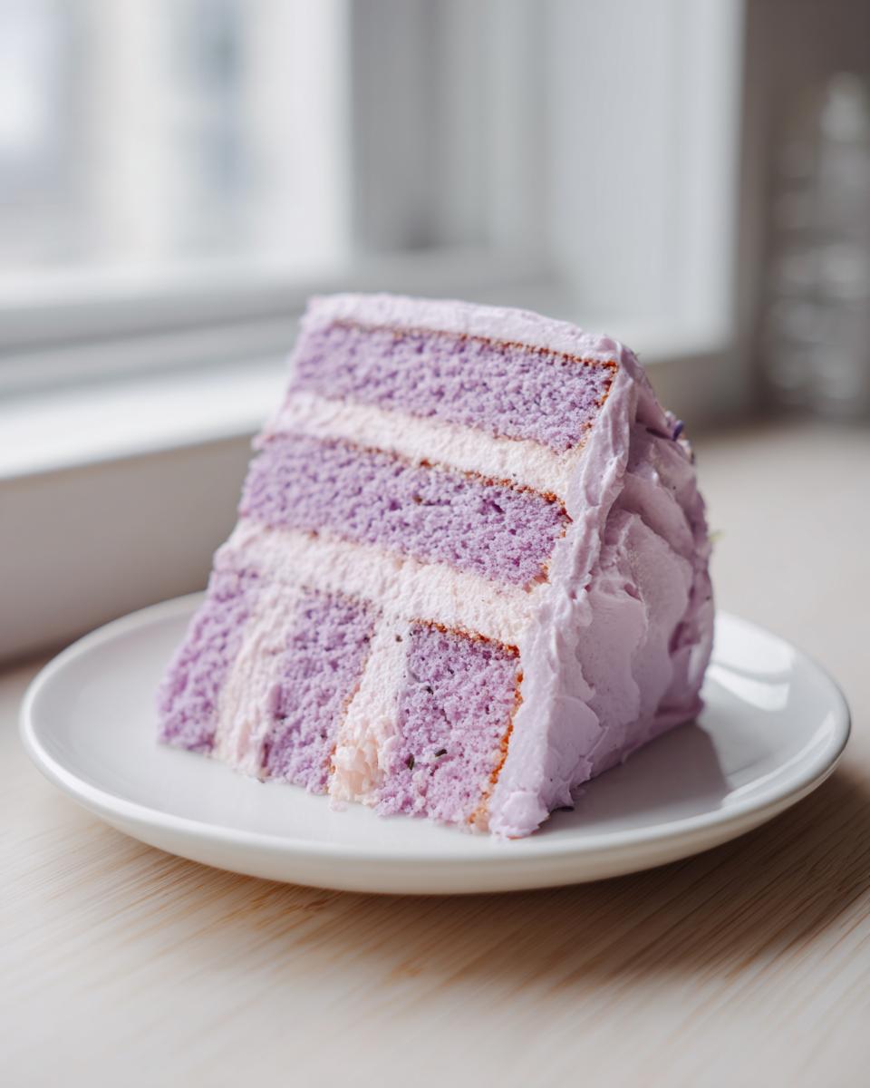 A tall slice of layered lavender cake with light purple frosting served on a white plate.