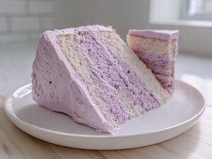 A large slice of moist lavender cake showing alternating white and purple layers, covered in thick lavender frosting.