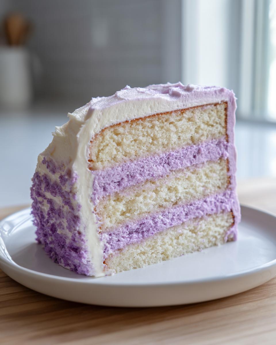 A tall slice of moist lavender cake showing four layers of white cake alternating with purple lavender frosting.