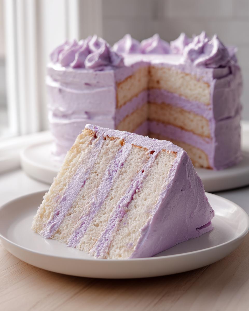 A generous slice of moist lavender cake with vanilla layers and purple lavender frosting, set against the rest of the cake.