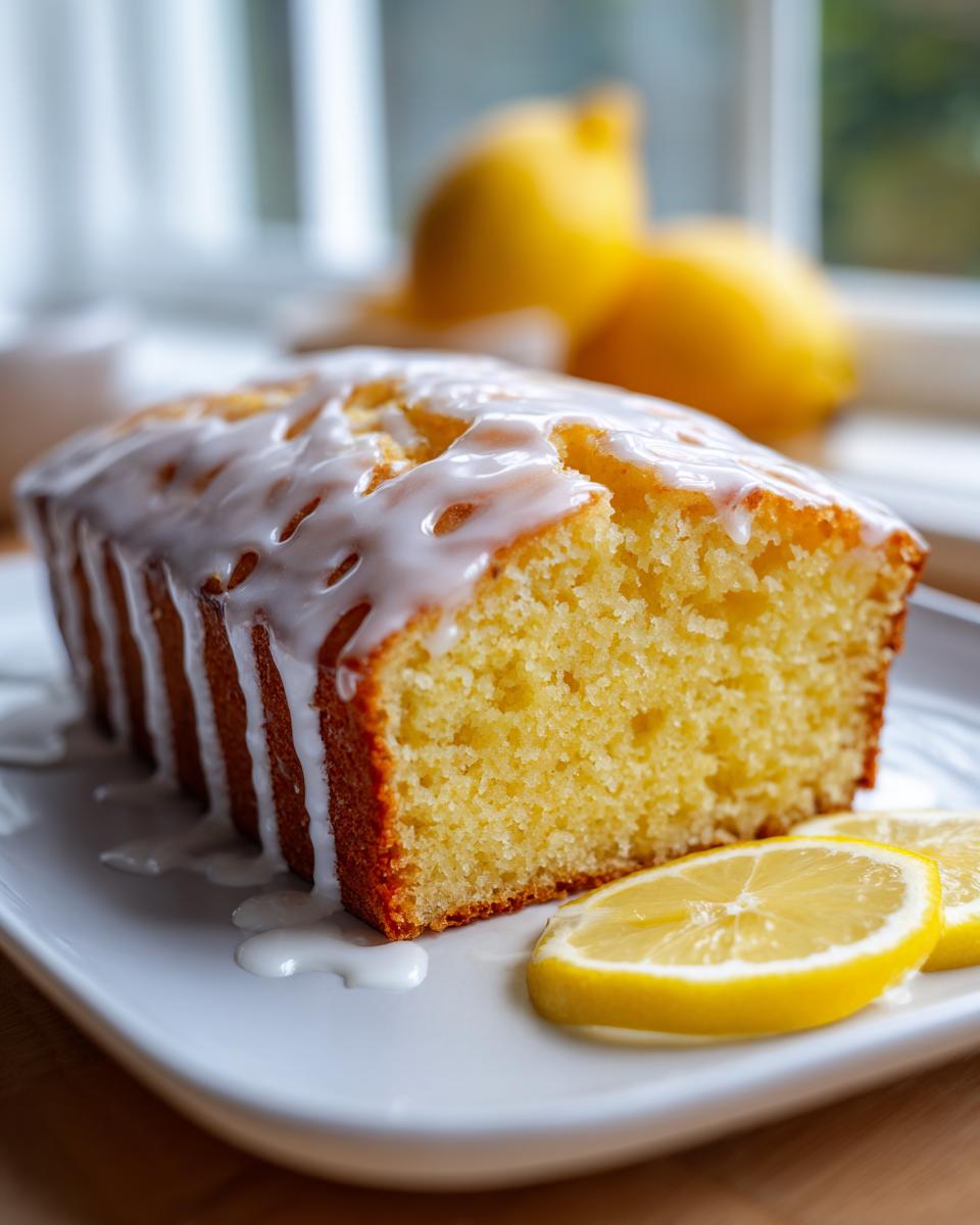 A moist lemon loaf cake drizzled with white icing, served on a white plate with fresh lemon slices.