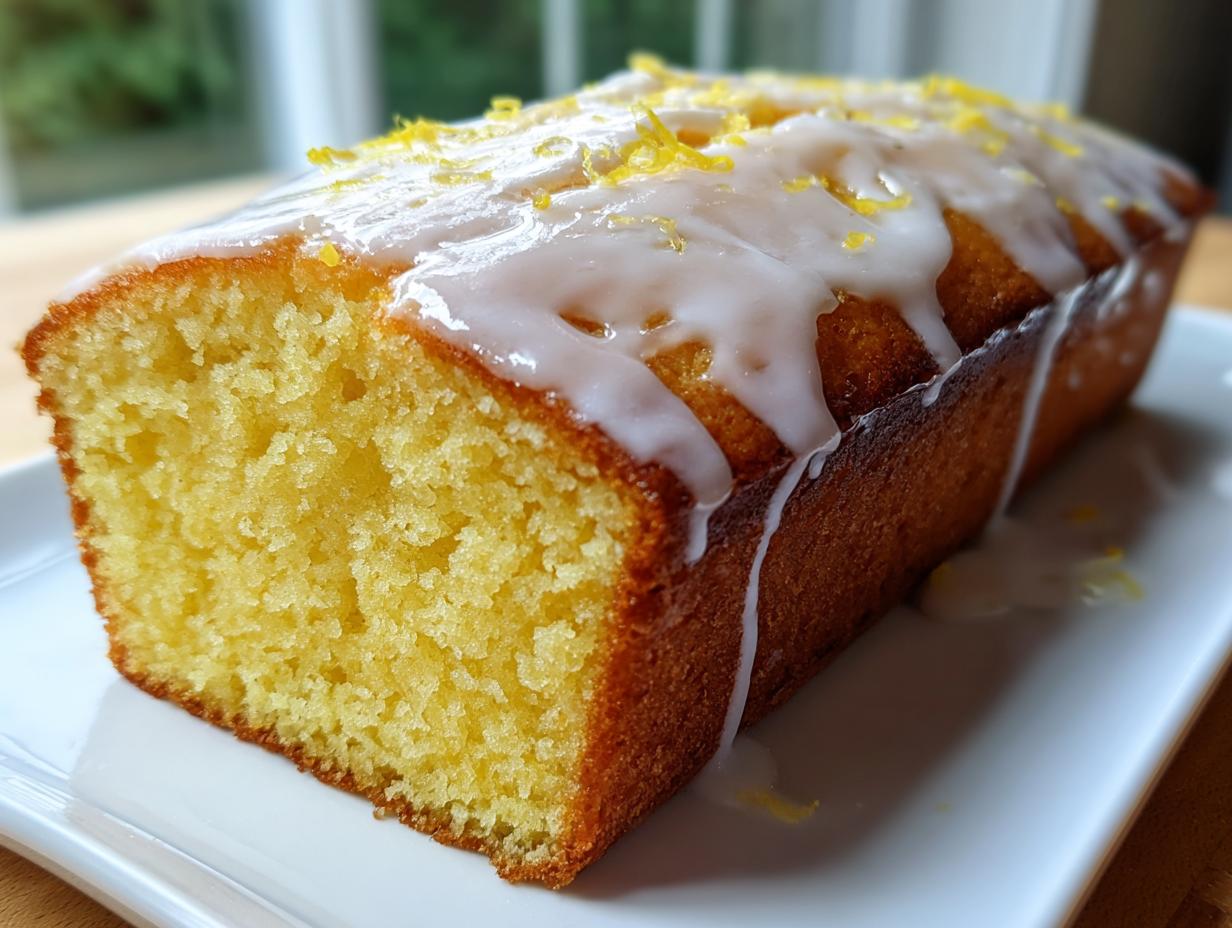 A close-up of a moist lemon loaf cake, drizzled with white glaze and topped with bright yellow lemon zest.