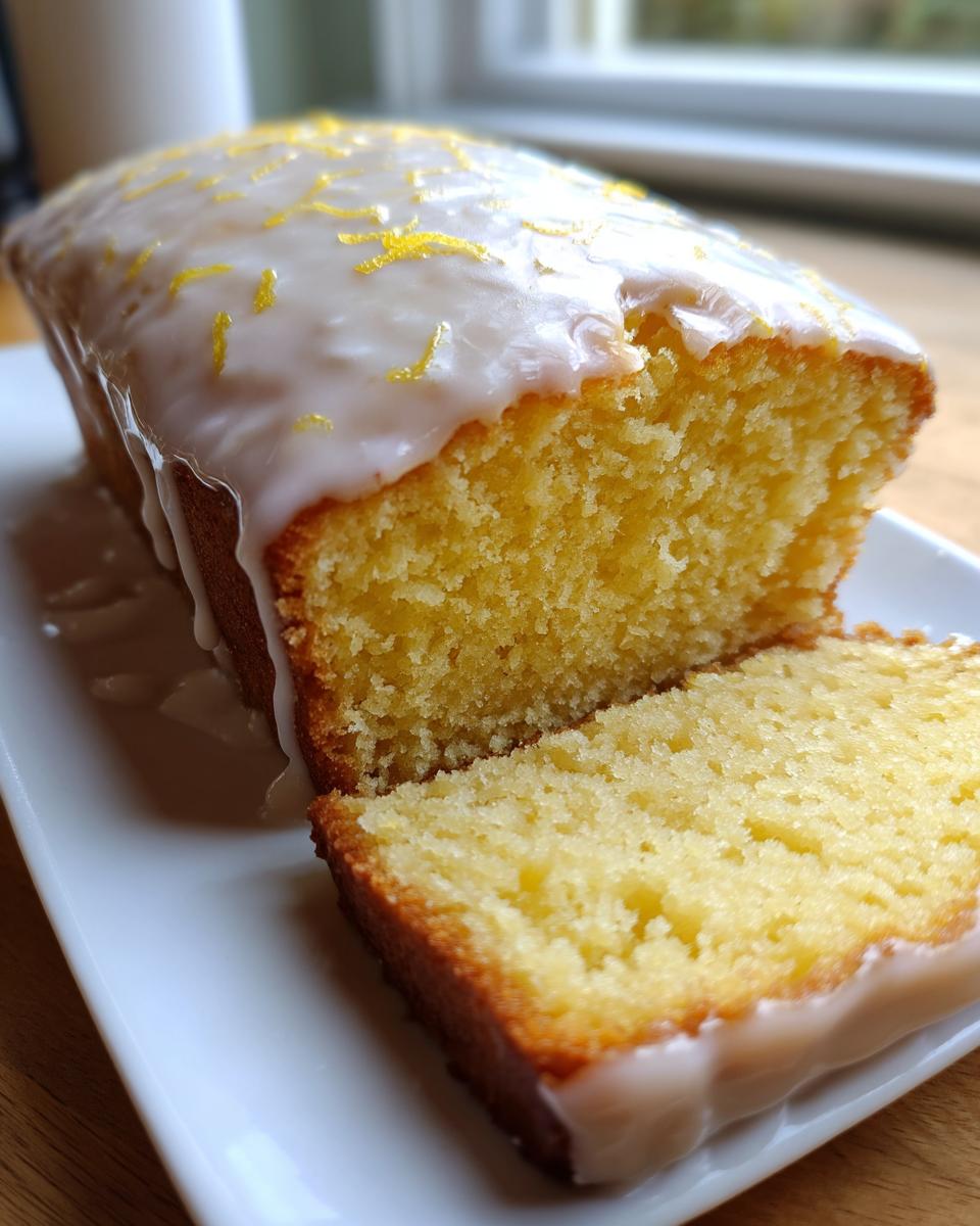 Close-up of a moist lemon loaf cake, sliced to show the crumb, covered in white glaze and lemon zest.