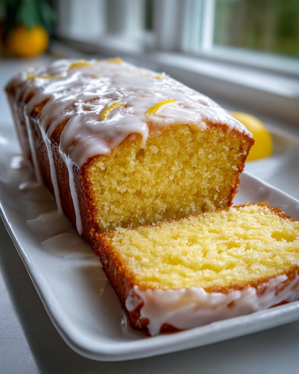 A moist lemon loaf cake, drizzled with white glaze and garnished with zest, with one slice cut and resting beside it.