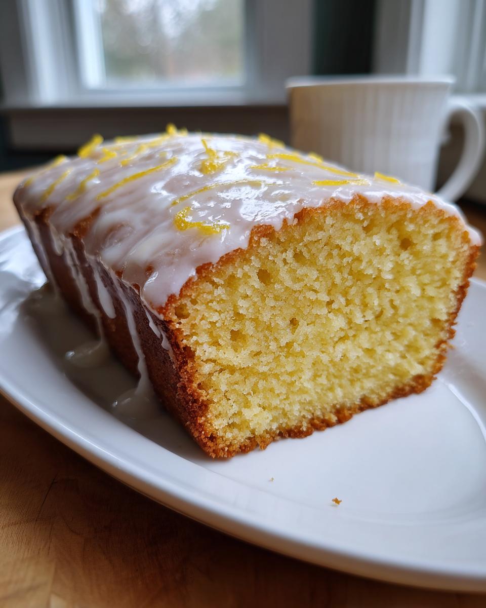 A close-up of a moist slice of lemon loaf cake topped with white glaze and bright yellow lemon zest.