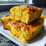 Close-up of stacked, moist squares of Mexican cornbread studded with melted cheddar cheese and green herbs.